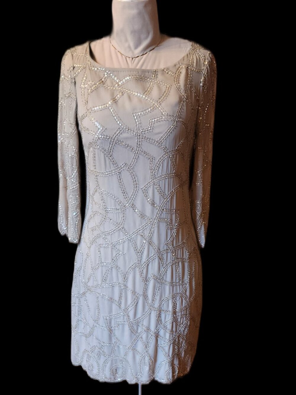 Alice + Olivia Silk Dress, Nude with Subtle Silver Beads, Sequins, Size 8